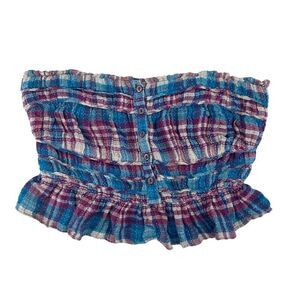 Free People Top Crop Tube Top Ruffle Plaid Size S Blue Purple Preppy Smocked